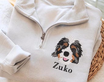 Custom Pet Portrait Quarter Zip Sweatshirt: Embroidered Dog Cat Memorial Gift