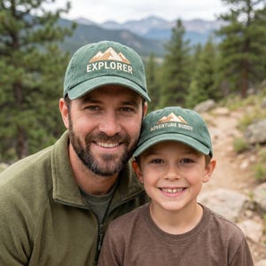 May include: Two green baseball caps with mountain and text designs. One cap says "EXPLORER" and the other says "ADVENTURE BUDDY". The caps are worn by a man and a child, smiling at the camera. The background shows a mountain range and trees.