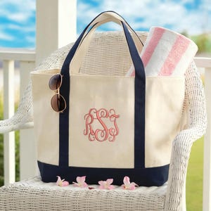 Monogram Canvas Tote Bag, Personalized Embroidered Boat Tote with Initials, Custom Name Bag with  Straps