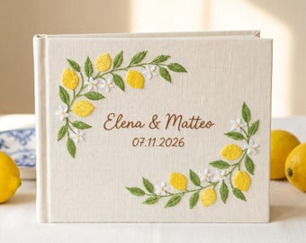 Embroidered Linen Notebook, Custom Name Date Journal, Lemon Citrus Wedding Guest Book