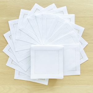 Blank Hemstitch Linen Cocktail Napkins 6x6” – Set of 12 White Napkins for Embroidery, Monogram, DIY Wedding Decor, Hand Embroidery Linen