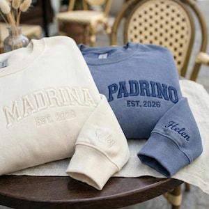 Embroidered Custom Godmother Godfather Sweatshirt, With Kid Name On Sleeve, Madrino Padrino Nina Nino Crewneck, Godparent Proposal Gift