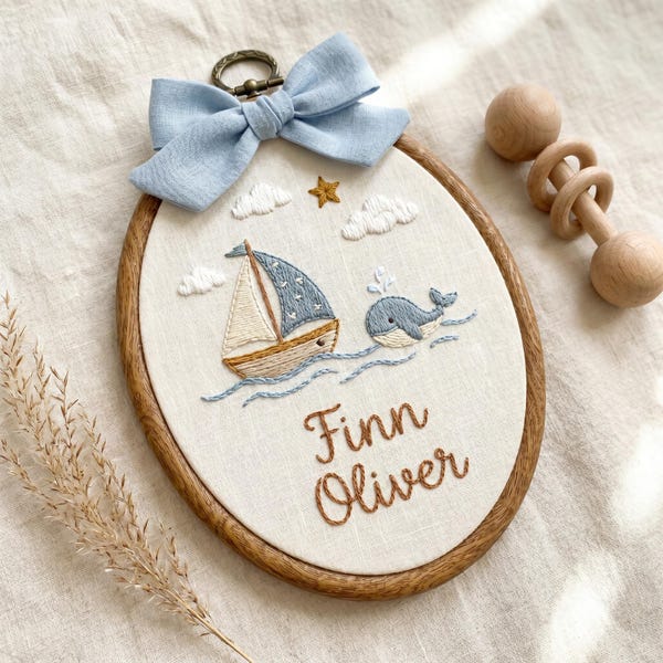 Personalized Nautical Whale Sailboat Embroidery Hoop, Coastal Baby Name Sign