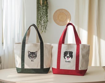 Custom Pet Embroidered Canvas Tote Bag, Personalized Dog Mom Gift