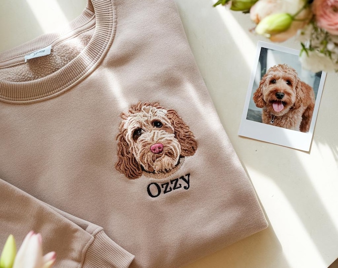 Custom Pet Portrait Embroidered Sweatshirt, Personalized Dog or Cat Sweater with Name, Pet Lover Gift, Memorial Embroidery Pullover