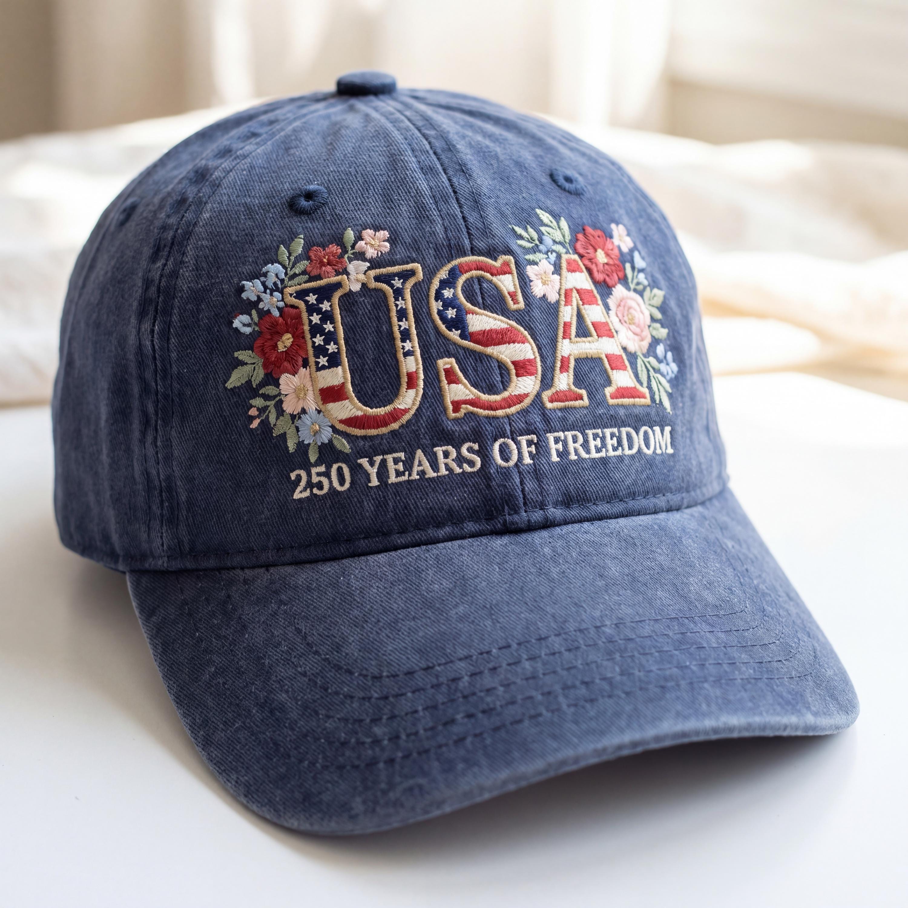 Floral American Flag Baseball Cap - Beige & Light Blue USA Flower Flag Baseball Cap – TheAllyCatWalk main image 3