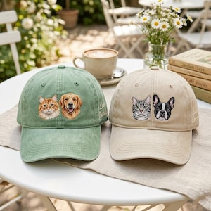 Custom Embroidered Pet Portrait Hat, Vintage Washed Dad Cap, Personalized Pet Lover Gift
