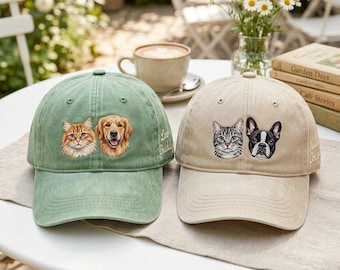 Custom Embroidered Pet Portrait Hat, Vintage Washed Dad Cap, Personalized Pet Lover Gift