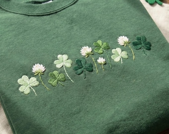 Embroidered Shamrocks Crewneck: St Patrick's Day Irish Sweatshirt, Shamrock Meadow