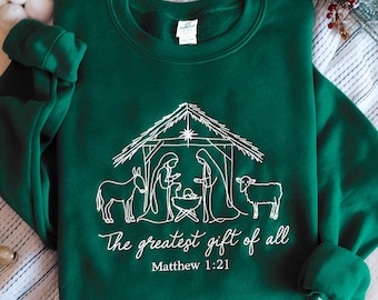Embroidered Nativity Christmas Sweatshirt, Christian Religious Shirt