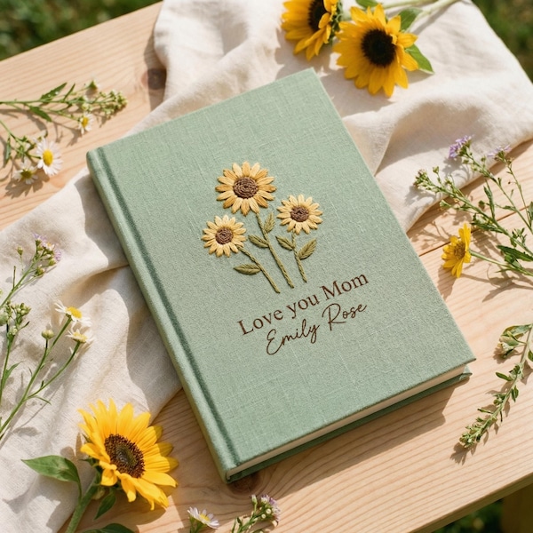 Cuaderno de lino A5 personalizado bordado a mano, diario de girasoles, regalo personalizado para mamá, cuaderno hecho a mano, idea de regalo para el Día de la Madre.