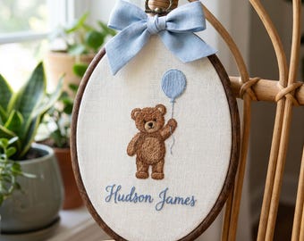 Custom Teddy Bear Nursery Name Hoop, Personalized Baby Boy Wall Art, Embroidered Bear Balloon Sign, Baby Shower Gift for New Baby