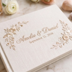 Embroidered Linen Wedding Guest Book, Botanical Wildflower Journal, Anniversary Photo Album