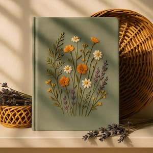 Embroidered Floral Journal, Sage Green Linen Notebook, Handmade Sketchbook