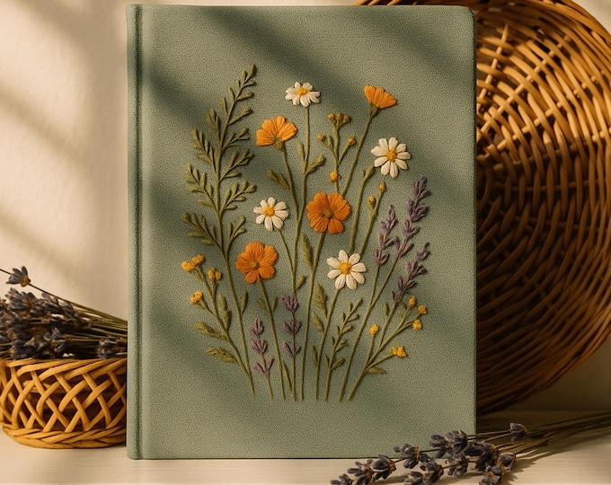 Embroidered Floral Journal, Sage Green Linen Notebook, Handmade Sketchbook