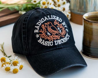 Embroidered Bird Floral Dad Hat, Radicalized by Basic Decency