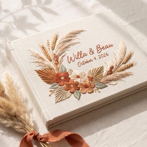 Boho Wedding Guest Book, Hand Embroidered Pampas Grass & Rust Flowers on Ivory Linen Album, Custom Names and Date, Terracotta Keepsake