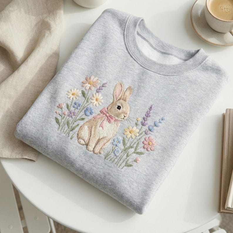 May include: A light gray sweatshirt featuring an embroidered design of a bunny with a pink bow, surrounded by colorful flowers. The design includes daisies, lavender, and other wildflowers. The sweatshirt is folded on a white surface.