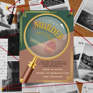Può includere: Un invito verde e marrone per una cena di mistero omicidio. L'invito presenta una lente d'ingrandimento con le parole "It's a Murder Mystery Dinner Party" all'interno. Il testo sull'invito recita: "Sei invitato a una notte di mistero e intrighi... Quando: 01/18/2025 Dove: 123 Sherlock Lane Ora: 17:00"