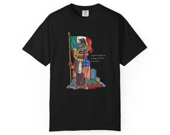Mexikanisches amerikanisches Hemd, Quetzalcoatl Comfort Farben T-Shirt | Azteken Krieger Garment Dyed T-Shirt | Bikulturelles Stolz-Latino-Erbesgeschenk