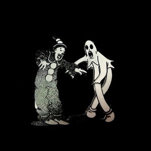 May include: Black and white illustration of a clown and a ghost. The clown is wearing a hat and a costume with polka dots. The ghost is wearing a sheet and has a surprised expression.