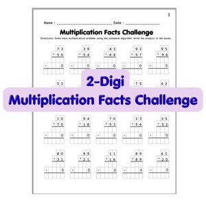 May include: A white educational worksheet titled Multiplication Facts Challenge with black text and lines. It features fifteen two-digit multiplication problems arranged in three rows, each with empty boxes for students to write the product.