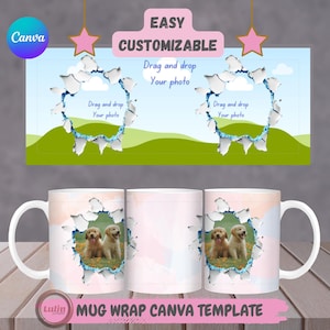 11oz 15oz Hole Wall Mug Wrap Canva Frame Template, Mug Canva Mockup, Tazza personalizzabile Wrap Drag and Drop per sublimazione, Design tazza fotografica