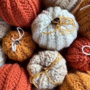 May include: A collection of handmade knitted pumpkins in various autumnal colors. The pumpkins are in shades of orange, cream, and tan, with textured surfaces and small wooden stems. Some are adorned with twine. Perfect for fall decor.