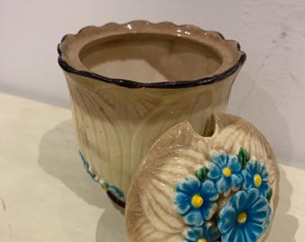 Vintage 1960er Jahre Maruhon Ware Zuckerdose Blue Daisy Floral Deckeldose Keramik Japan Retro Cottagecore Dekor
