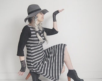 Dress - Black and White - Bohemian - Knee Length Dress - Sustainable Fashion - Designer Fashion - Elbow Length Sleeve - Sexy - All Sizes