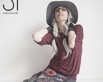 Top - Oversized Shirt - Sustainable Fashion - Dapper Style Top - Bohemian - Burgundy Top - Elbow Length Sleeve - Sexy Top - All Sizes