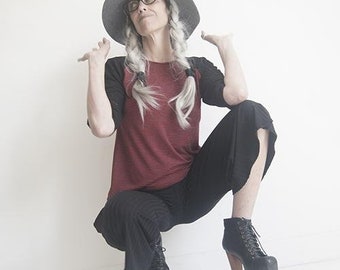 Top - Oversized Shirt - Sustainable Fashion - Adidas Style Top - Bohemian -  Red Pin Strip Top - Elbow Length Sleeve - All Sizes
