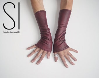 Cuffs - Wrist Cuffs - Burning Man Fashion - Faux Leather Burgundy Red Gloves - Fingerless Gloves - Wiccan - Clothing Accessory - One Size