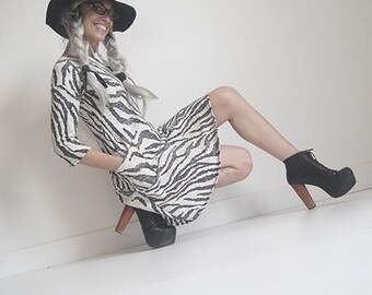 SALE - Dress - Black and Ivory Cotton Knit Dress - Bohemian - Knee Length Dress - Sustainable - Designer - Elbow Length Sleeve - All Sizes