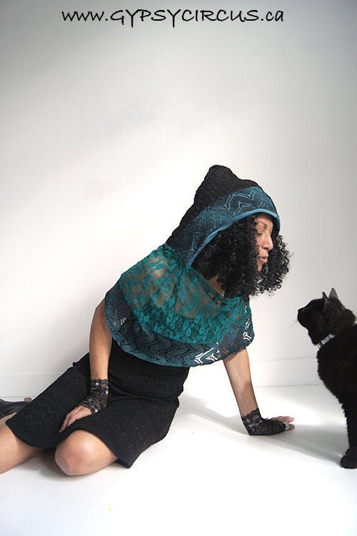 Teal and Black Hood Victorian Capelet Hooded Shawl Steampunk Gypsy Shawl One Size Accessory Bohemian Hooded Lace Cape