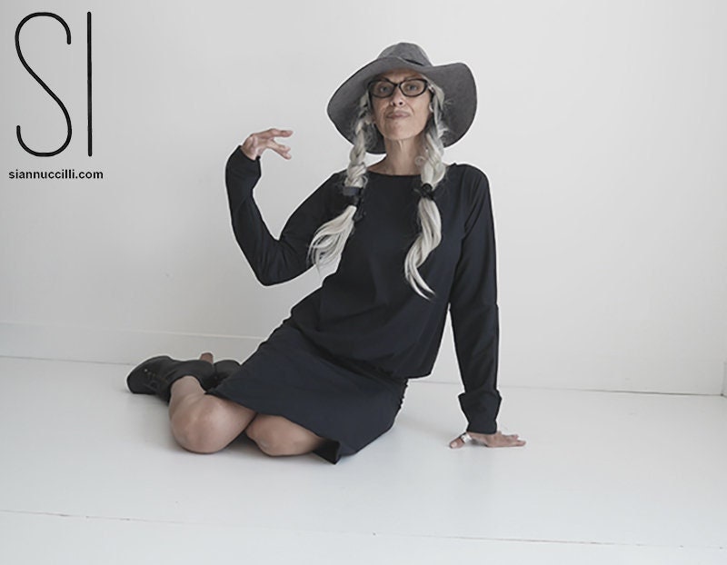 Kaftan Kleid - Schwarzes Kleid - Eco Fashion - Nachhaltige Mode - Baumwolle Lycra Kleid - Knielang - Frauen Kleid - Langarm - Alle Größen
