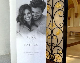 Linen Photo Wedding Sign, Custom Ceremony Entrance sign, Fabric wedding Decor, Elegant Minimalist Signage for wedding Reception WD01003