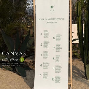 Plano de asientos para boda tropical con logotipo, plano de asientos en lienzo, letrero para boda de destino, soporte plegable para viajes, letrero de boda de lino