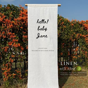 Babypartyschild aus Leinen, Willkommensschild aus handgeschriebener Schrift, Chiffon, Leinwand, Babyparty personalisiert, rustikale Babyparty, Holzständer RD04002