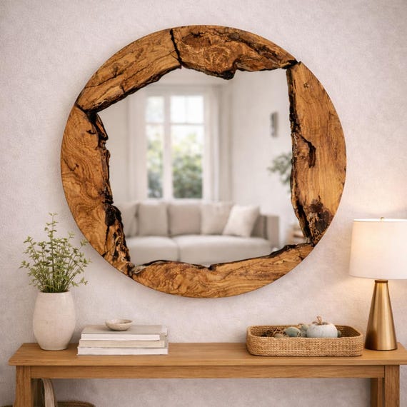 Italy【Wood Frame Mirror】木枠 象嵌 ウォールミラー Handmade Olive Wood Round Wall Mirror, Large Natural Live Edge