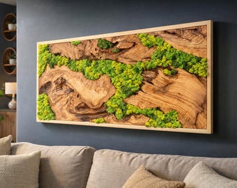 Olive Wood Moss Wall Art with Natural Wood Frame, Preserved Moss Decor