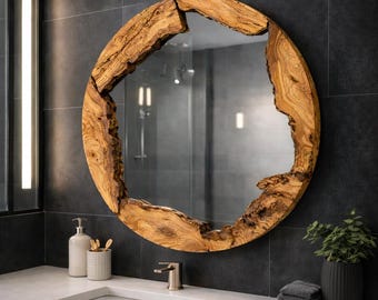 Olive Wood Round Wall Mirror – Handmade Natural Wood Frame, Rustic Organic Home Decor
