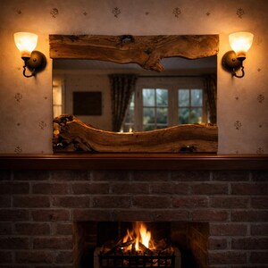 May include: A rectangular wooden mirror with a natural, live-edge design is mounted above a brick fireplace. Two sconces with frosted glass shades flank the mirror, casting a warm glow. The mirror reflects a room with a window and curtains.