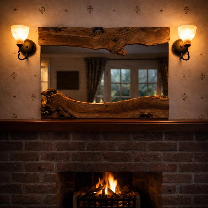 May include: A rectangular wooden mirror with a natural, live-edge design is mounted above a brick fireplace. Two sconces with frosted glass shades flank the mirror, casting a warm glow. The mirror reflects a room with a window and curtains.