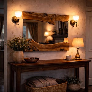 May include: A rustic entryway scene featuring a large, live-edge wooden mirror above a dark wood console table. The table is adorned with a lamp, a bowl, and a vase of flowers. Two sconces flank the mirror, and a woven basket sits below.