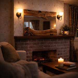 May include: A rustic living room scene featuring a brick fireplace with a wooden mantel. A large, uniquely shaped wooden mirror hangs above the mantel. Two sconces flank the mirror, and a lit candle sits on a coffee table.