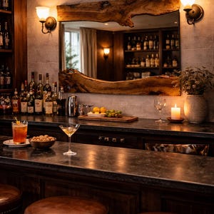 Natural olive wood wall mirror with live edge frame showing unique wood grain and organic texture