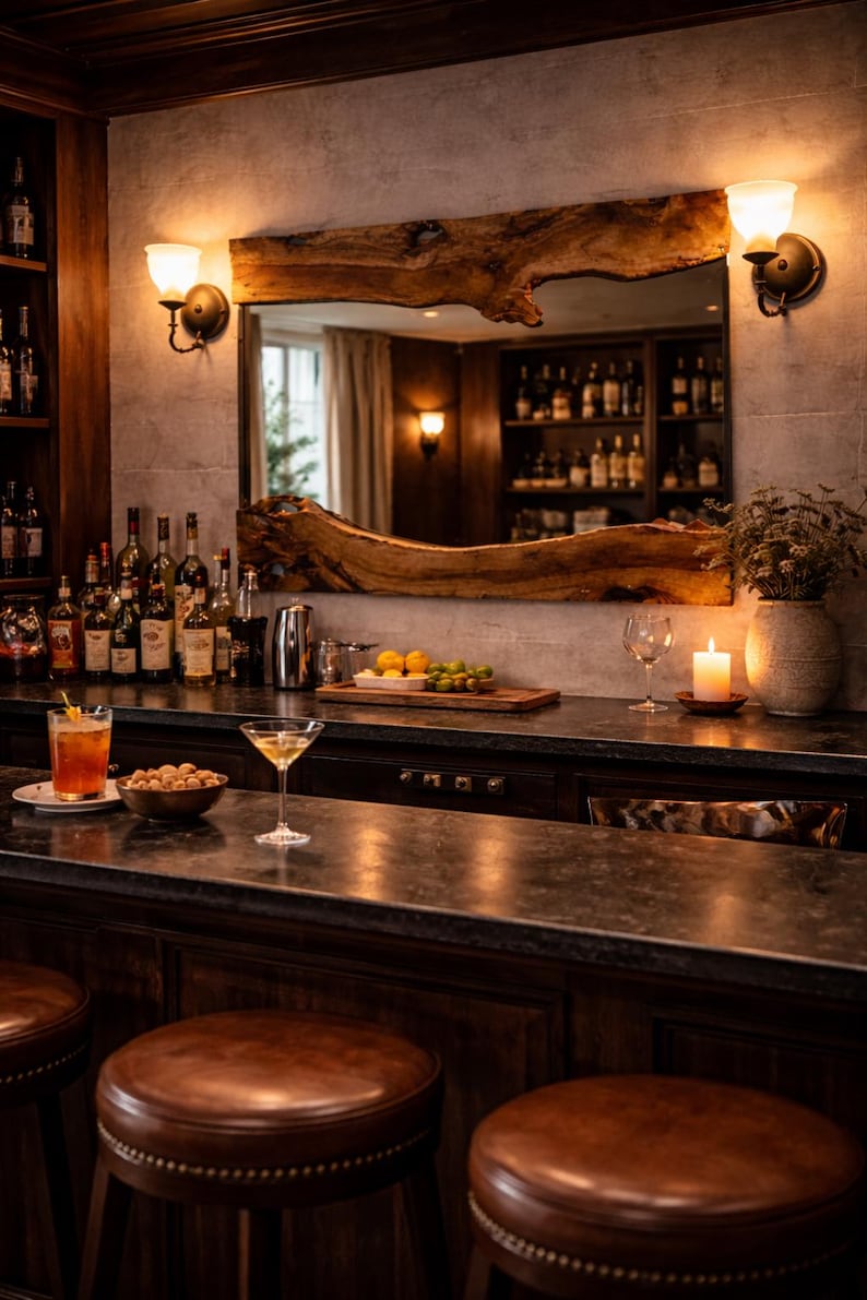 Natural olive wood wall mirror with live edge frame showing unique wood grain and organic texture