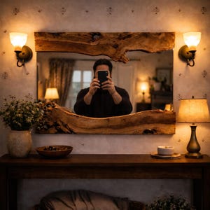 Rustic olive wood mirror used as an entryway and living room wall mirror with warm ambient lighting