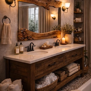 May include: A rustic bathroom vanity with a live-edge wooden mirror, double sinks, and a marble countertop. The vanity is made of dark wood and features drawers and open shelving with baskets and towels. Two sconces provide warm lighting.